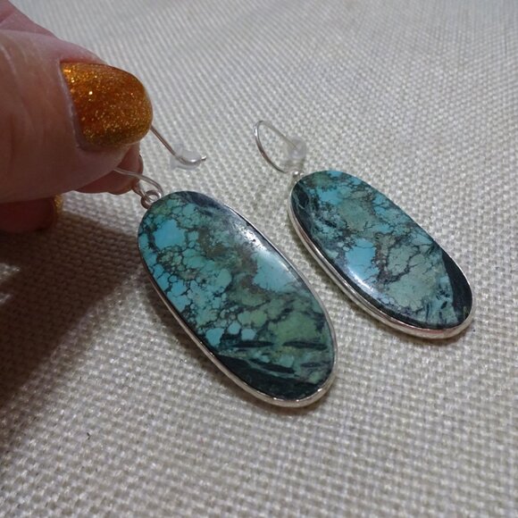 Natural AFRICAN TURQUOISE Handmade Sterling 925 Dangle Earrings #617C - Picture 2 of 3